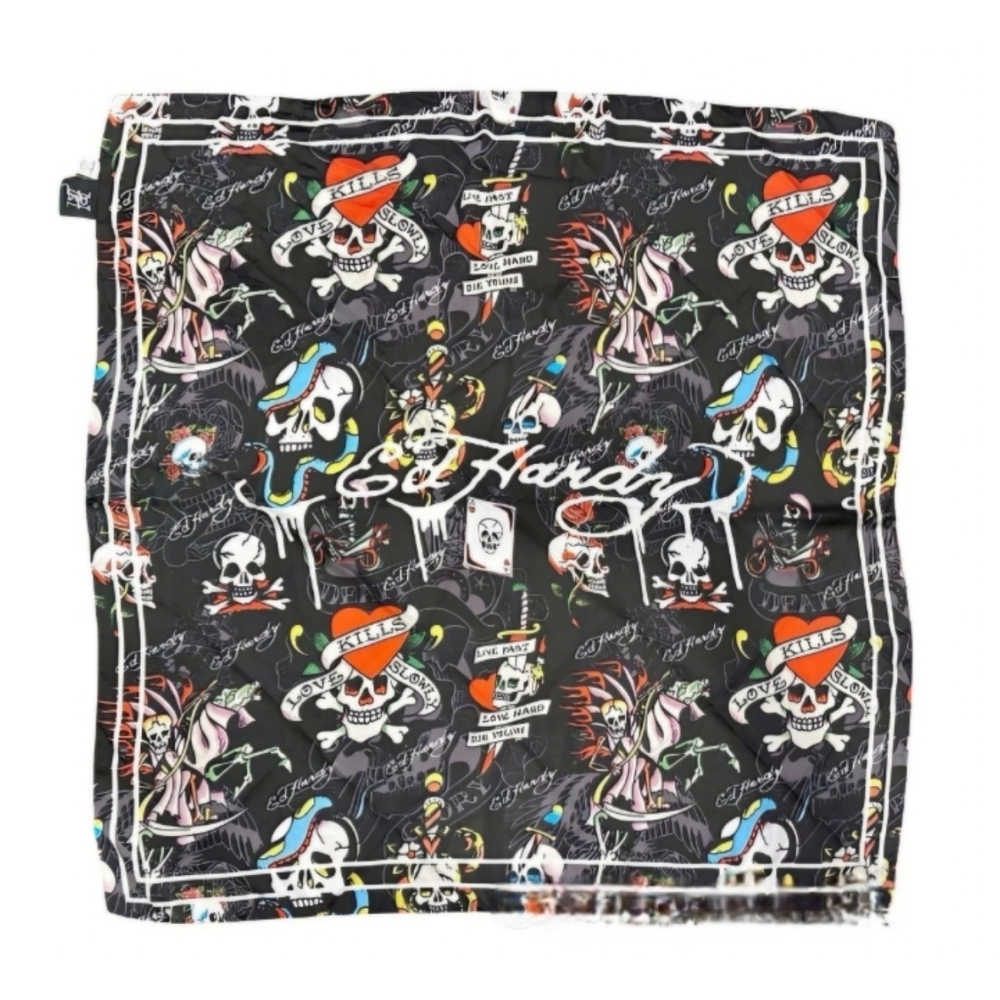 Ed Hardy Y2K Scarf Shawl Approx 42 X 42 Skull Rose Heart Love Kills Tattoo